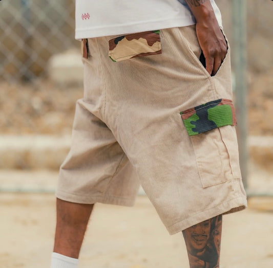 Corduroy Cargo Shorts with Camo Trim