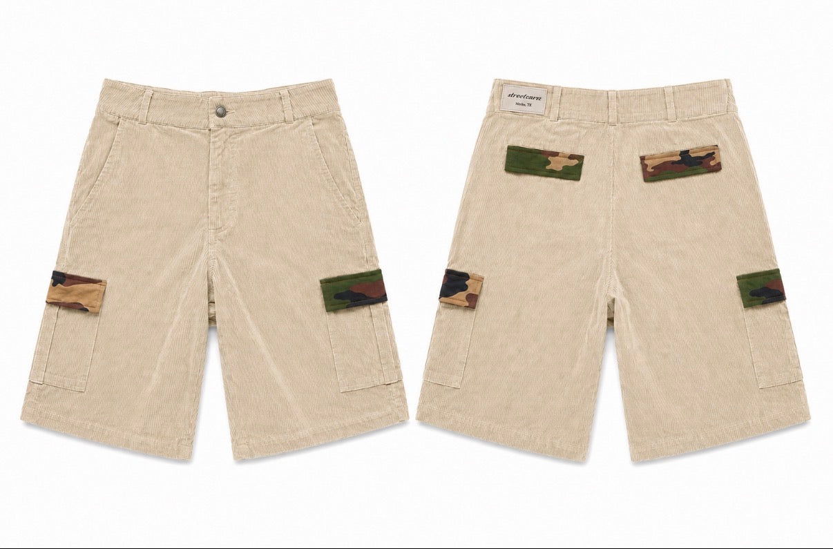 Corduroy Cargo Shorts with Camo Trim